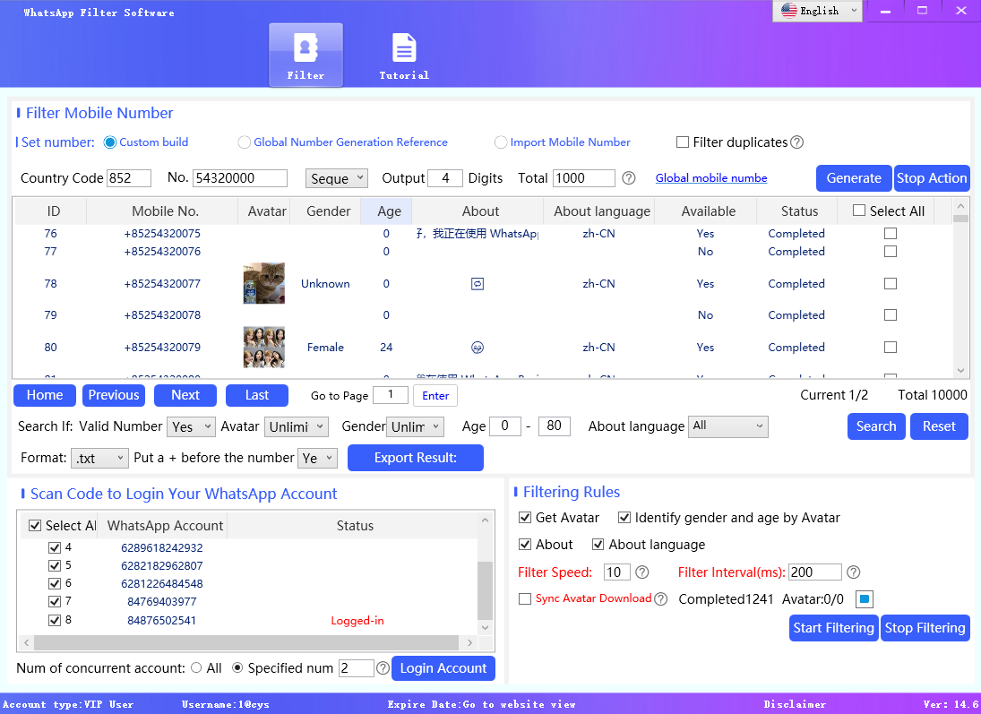 whatsapp filter software, determine the user's gender and age through the filtered whatsapp account