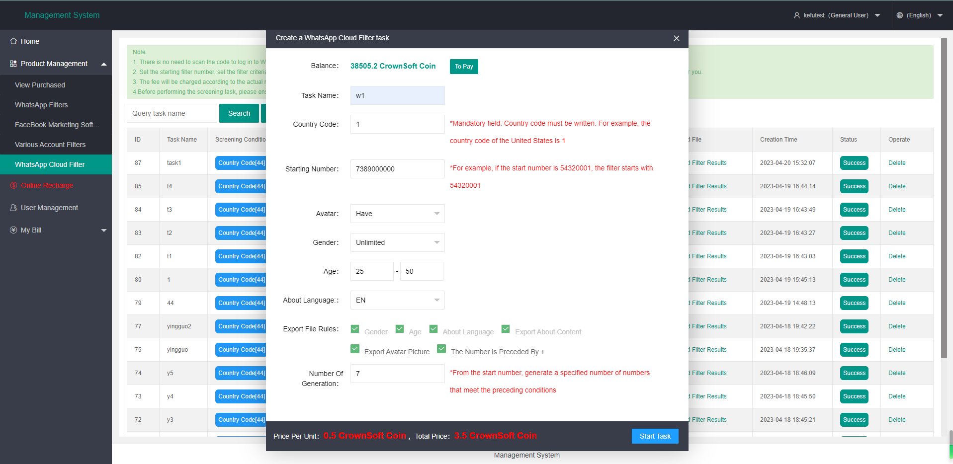 Create a WhatsApp Cloud Filter task